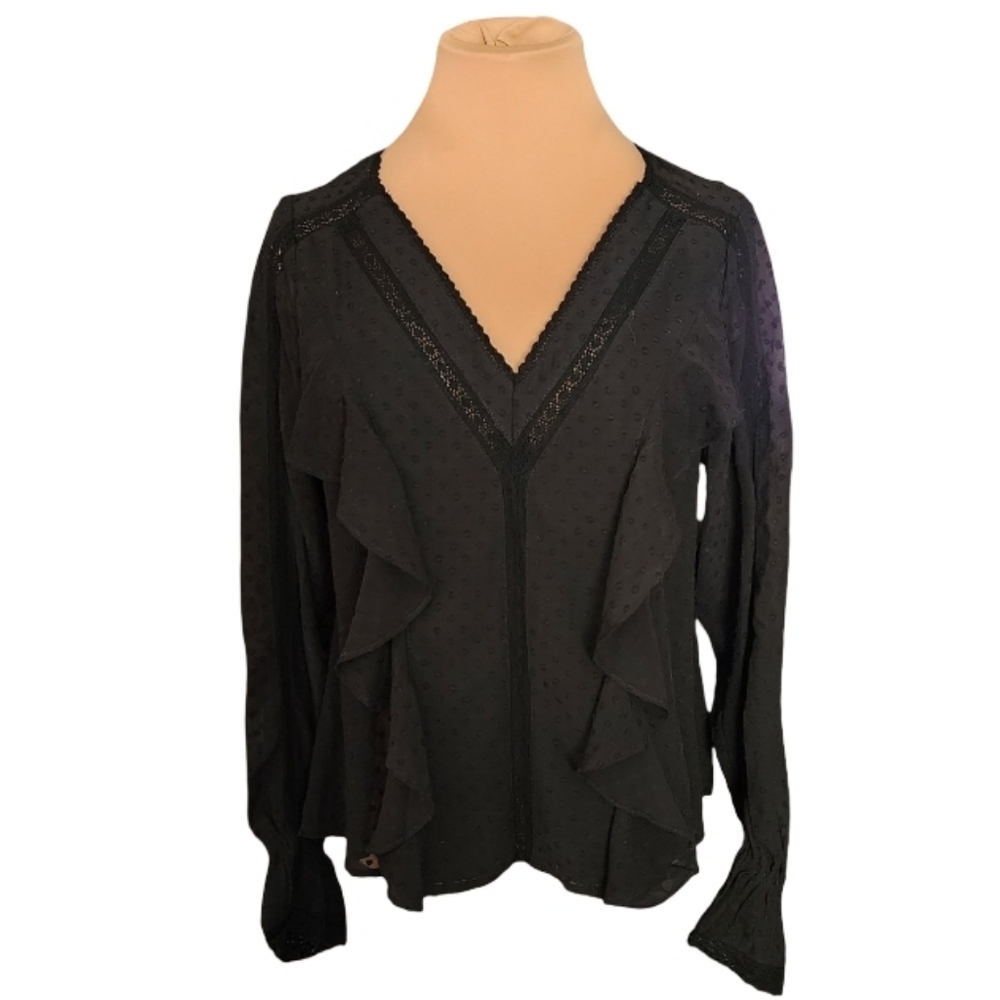 kolor STANDARD‎ Black Swiss Dot Sheer Lace Ruffle Blouse Women's Small